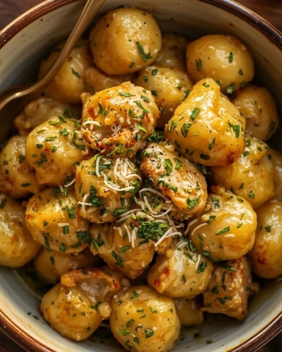 Bowl of creamy Crack Chicken Gnocchi garnished with herbs