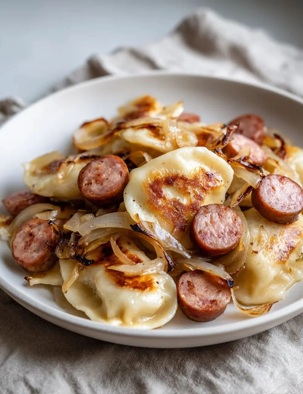 Classic perogies and sausage skillet dish served in a pan