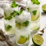 Chilled Coconut Key Lime Mojitos in mason jars with lime and mint garnish