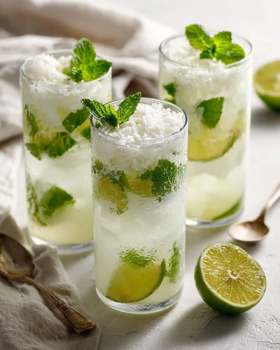 Chilled Coconut Key Lime Mojitos in mason jars with lime and mint garnish