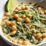 Coconut Lime Chickpea Skillet topped with fresh cilantro and lime wedges