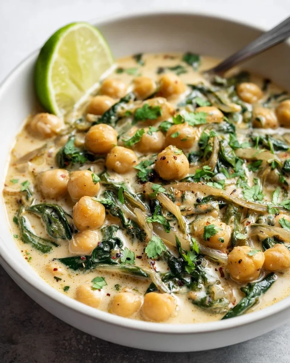 Coconut Lime Chickpea Skillet topped with fresh cilantro and lime wedges