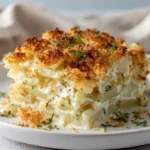 Creamy cheesy funeral potatoes served in a dish, a comforting side dish for meals.