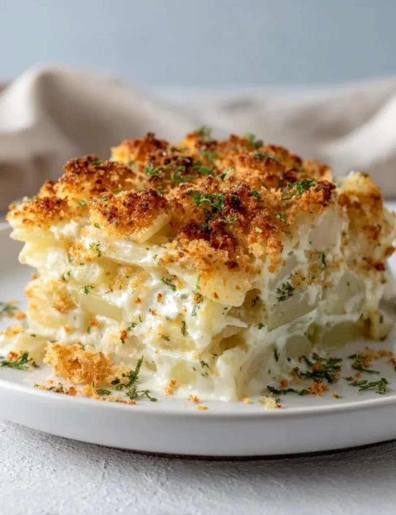 Creamy cheesy funeral potatoes served in a dish, a comforting side dish for meals.