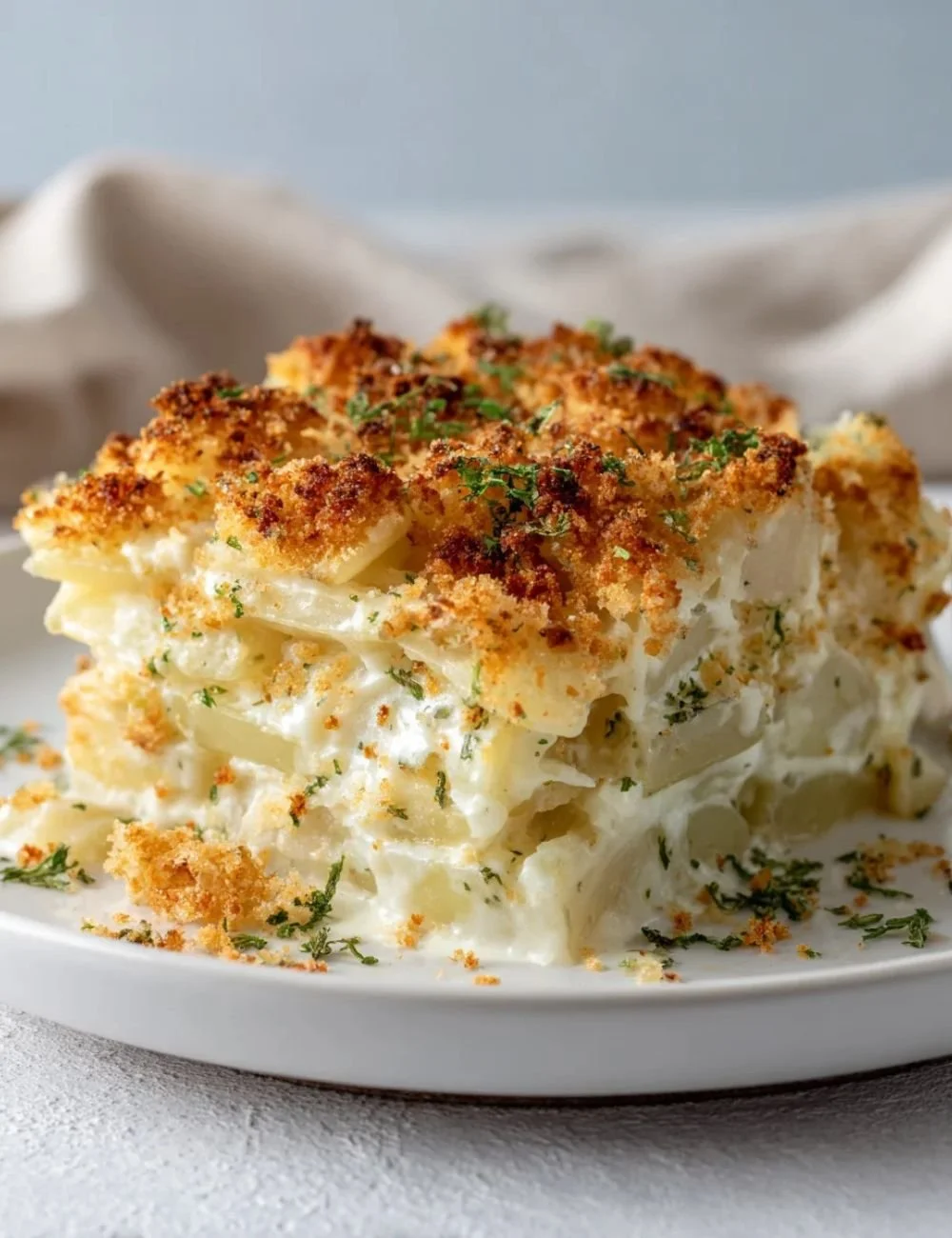 Creamy cheesy funeral potatoes served in a dish, a comforting side dish for meals.