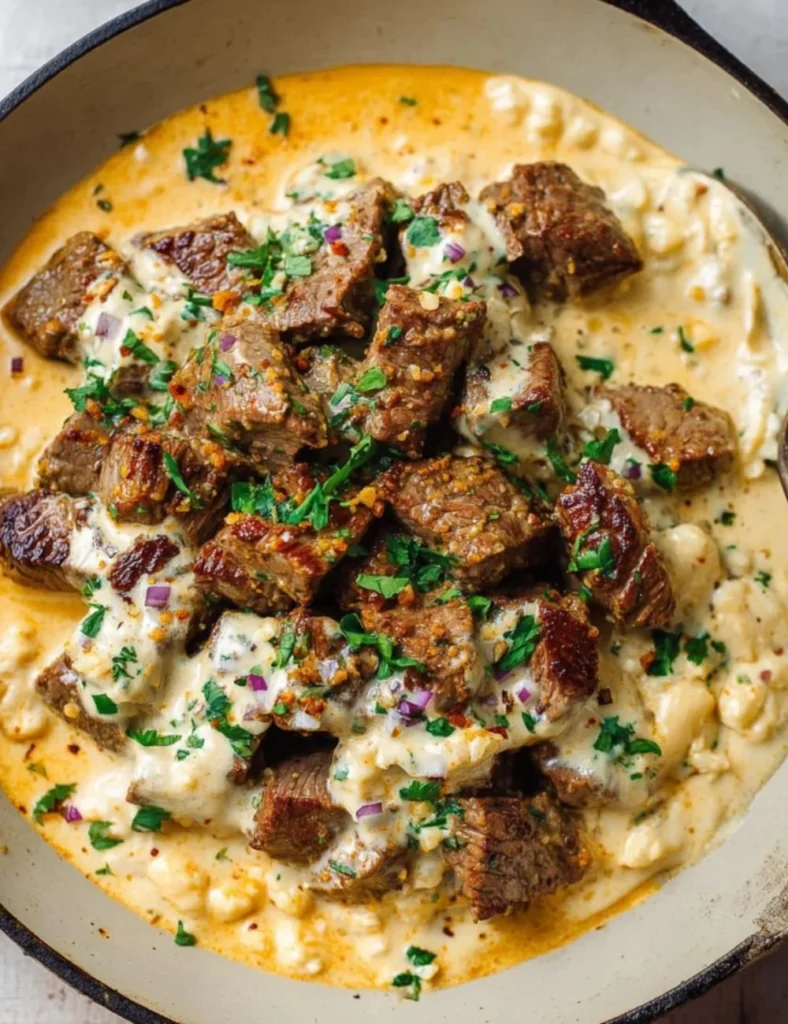 Delicious creamy garlic butter steak bites served on a plate
