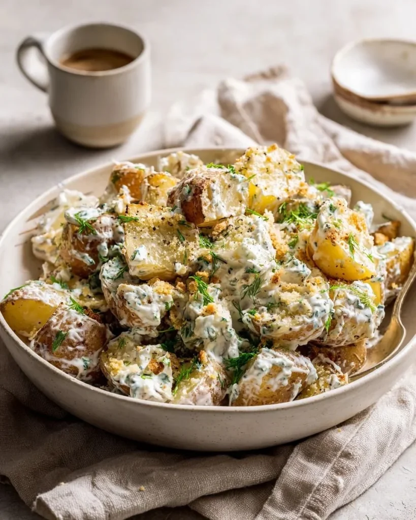 Creamy Greek Yogurt Caesar Potato Salad in a serving bowl