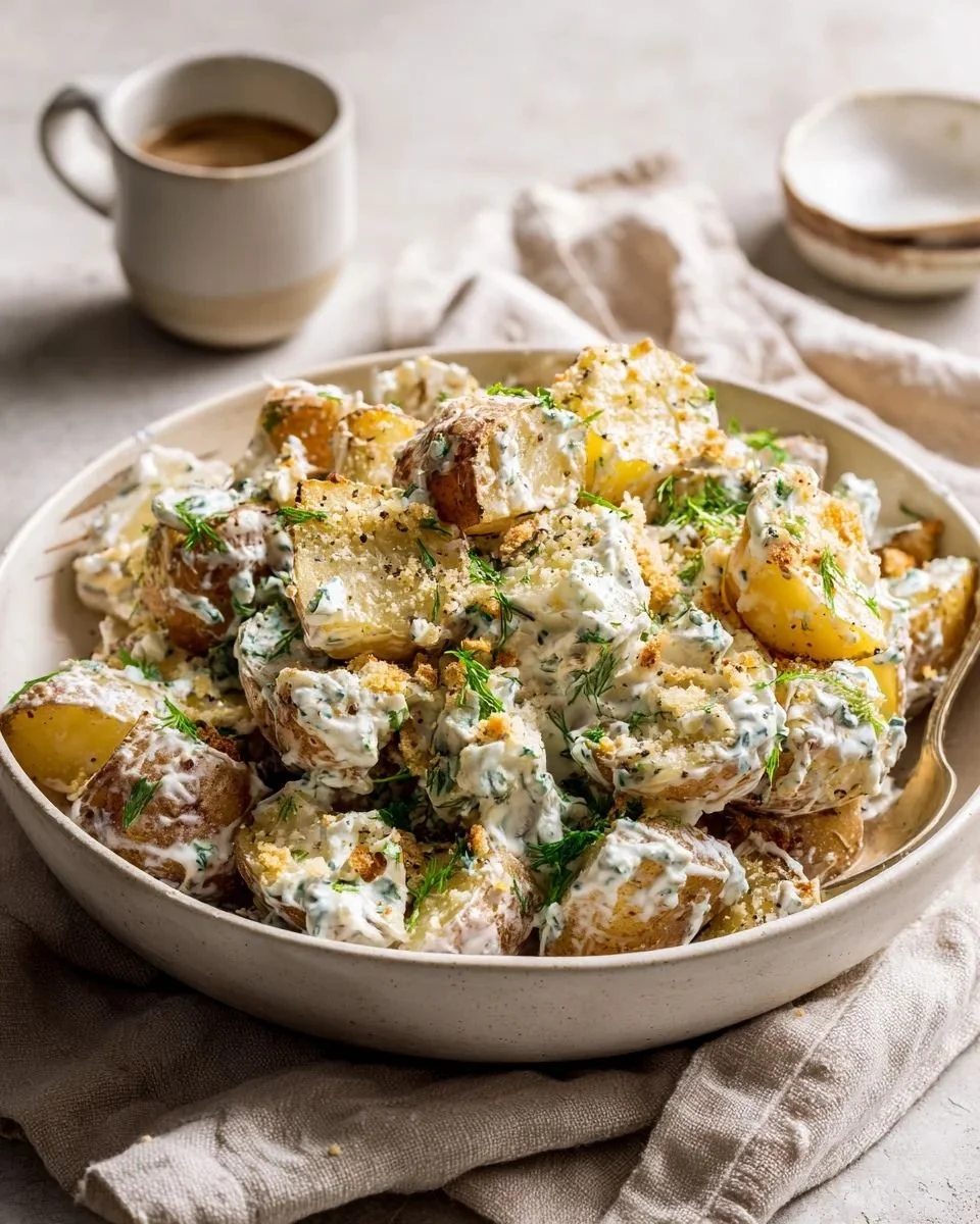 Creamy Greek Yogurt Caesar Potato Salad in a serving bowl