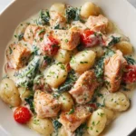 Creamy salmon gnocchi topped with fresh herbs on a white plate