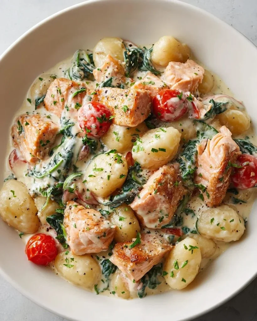 Creamy salmon gnocchi topped with fresh herbs on a white plate