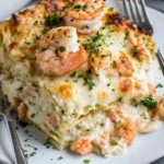 Creamy seafood lasagna with shrimp and scallops baked to perfection