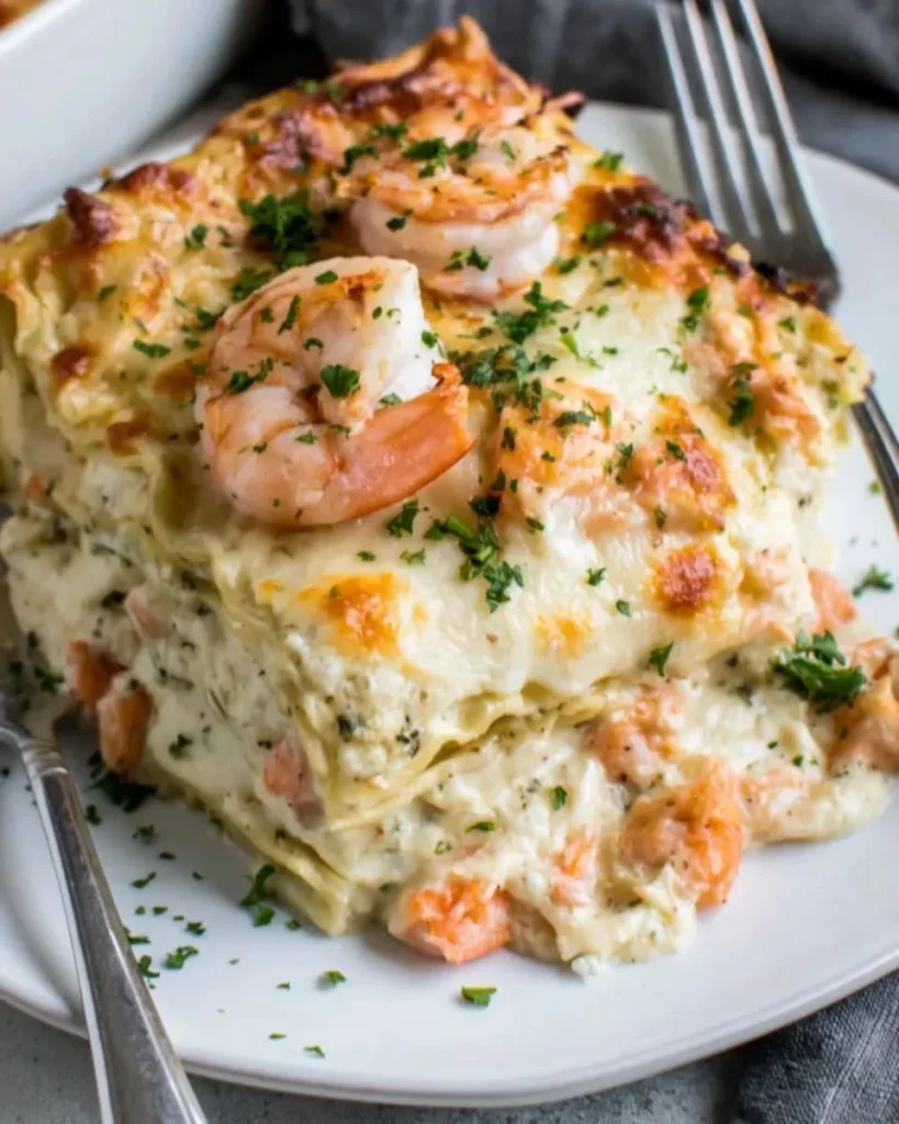 Creamy seafood lasagna with shrimp and scallops baked to perfection