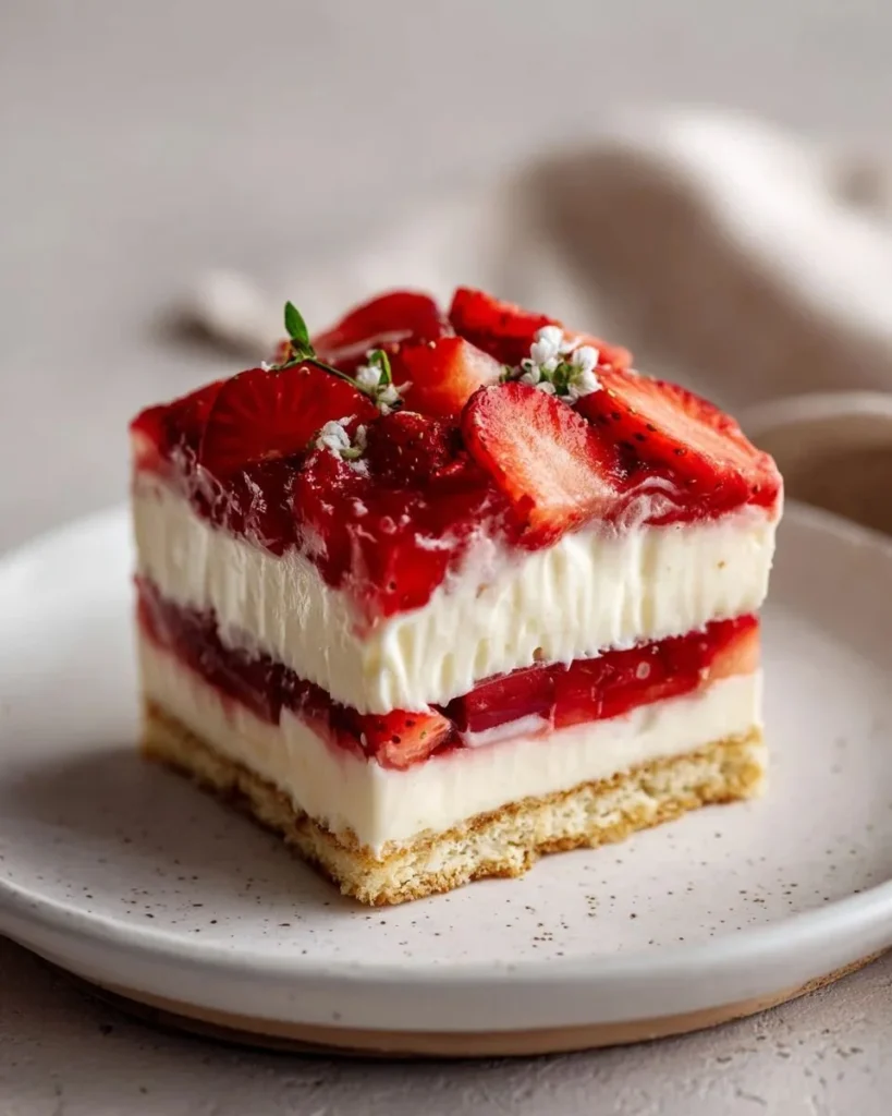 Creamy strawberry rhubarb lush dessert served in a glass dish.