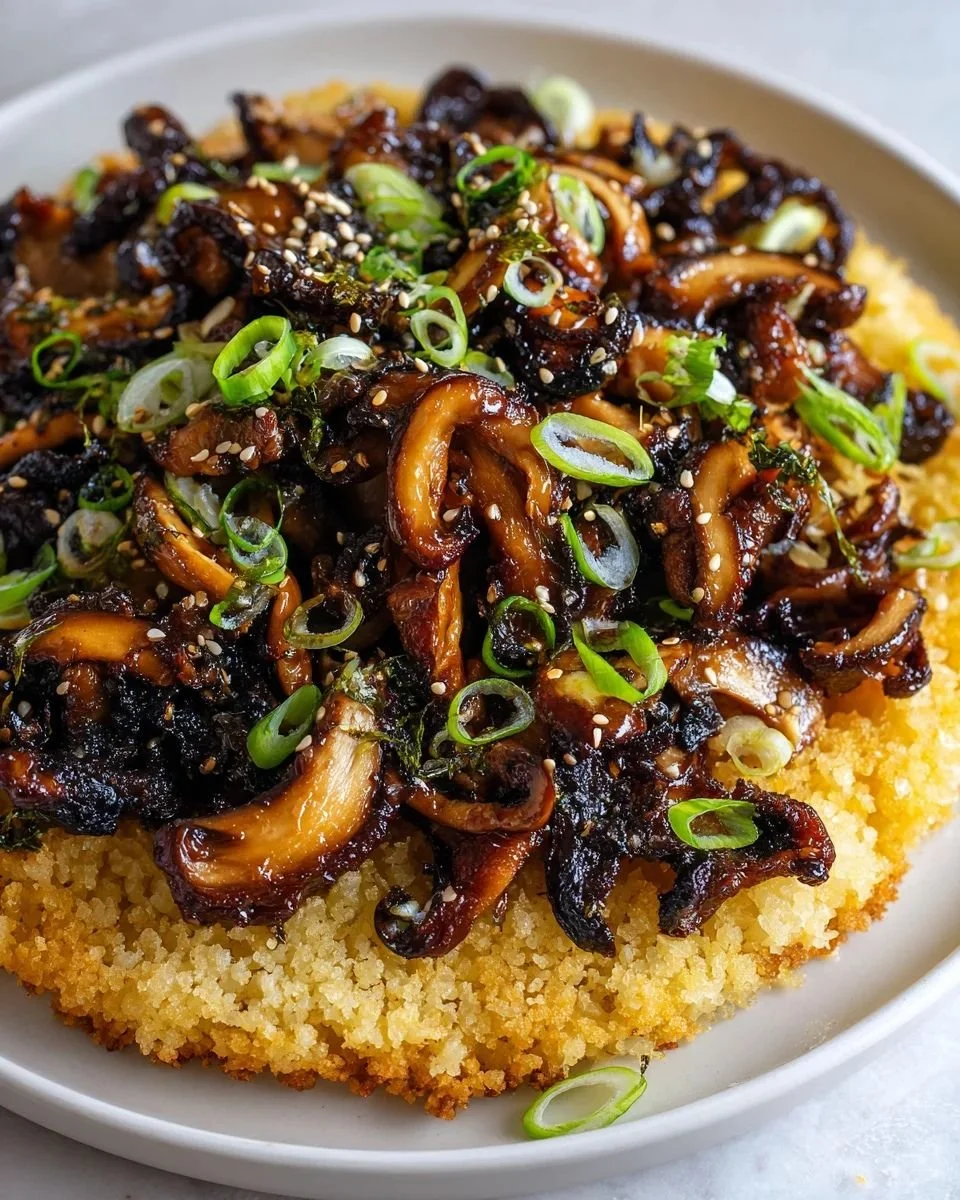 Crispy miso mushroom rice topped with fresh herbs and sesame seeds