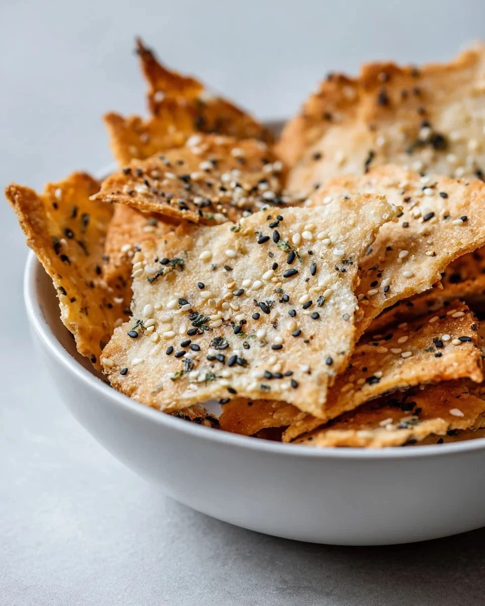 Homemade crispy sourdough crackers served on a wooden platter