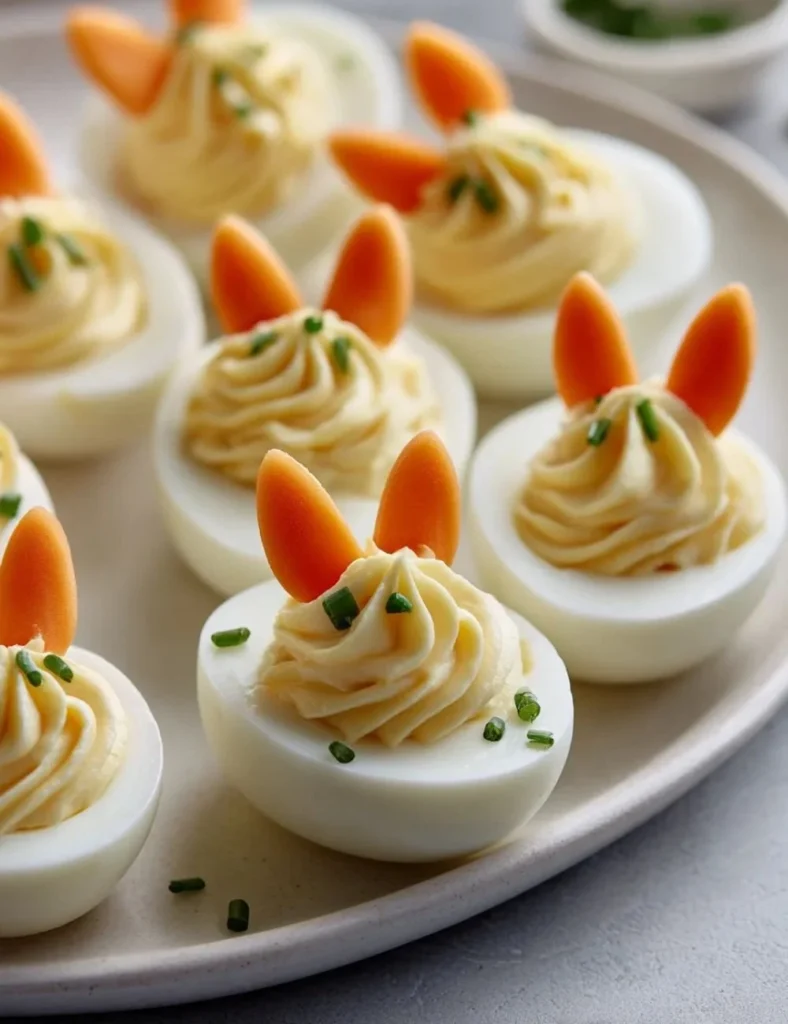 Cute bunny deviled eggs decorated for a festive gathering
