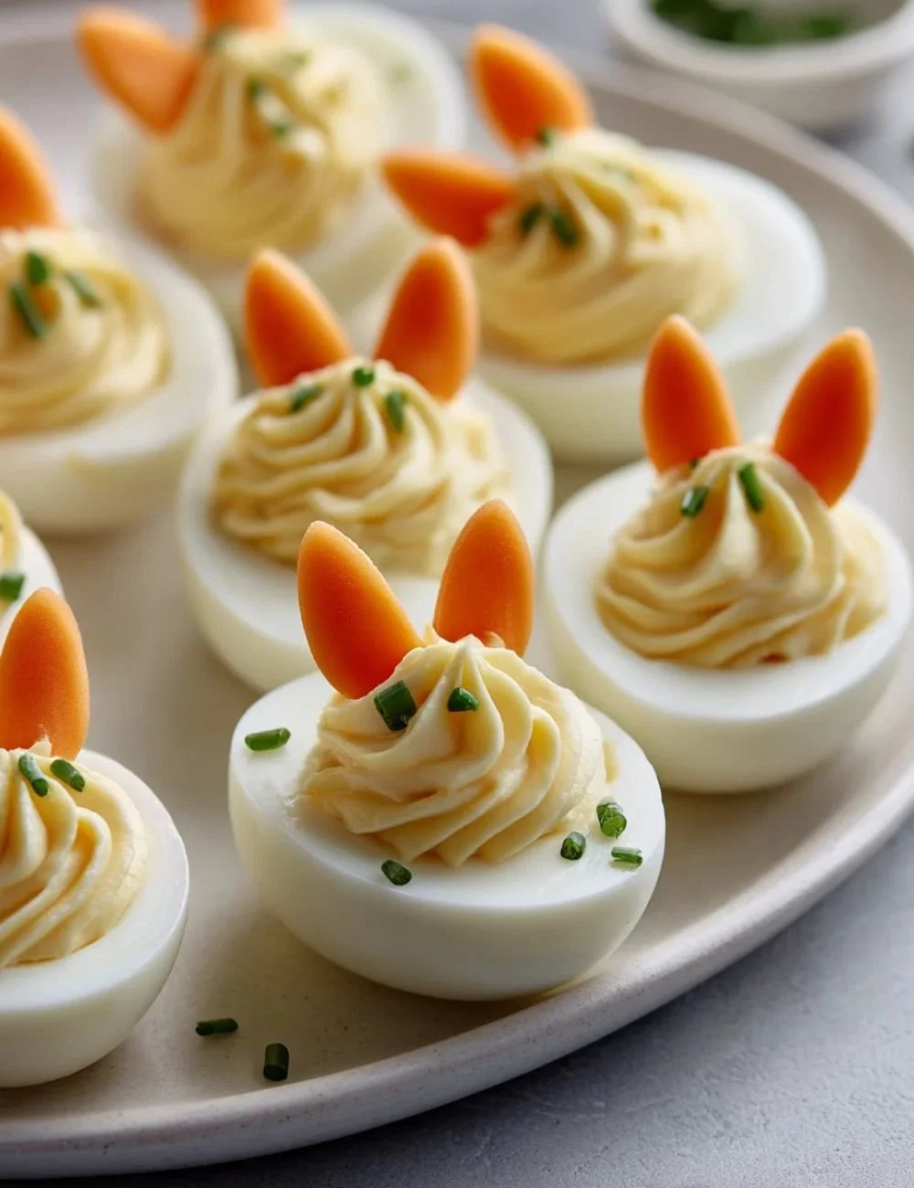 Cute bunny deviled eggs decorated for a festive gathering