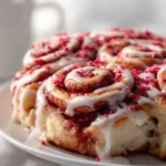 Delicious strawberry crunch cinnamon rolls topped with strawberry icing