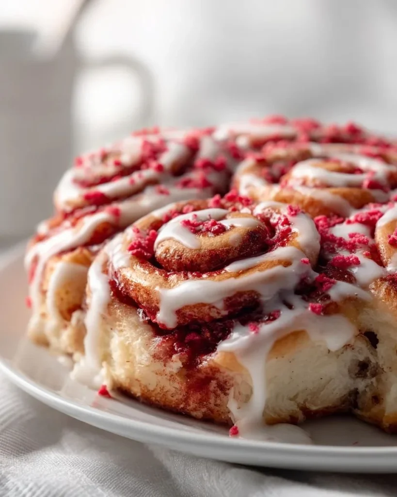 Delicious strawberry crunch cinnamon rolls topped with strawberry icing
