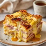 Delicious Eggs Benedict Casserole with poached eggs and hollandaise sauce