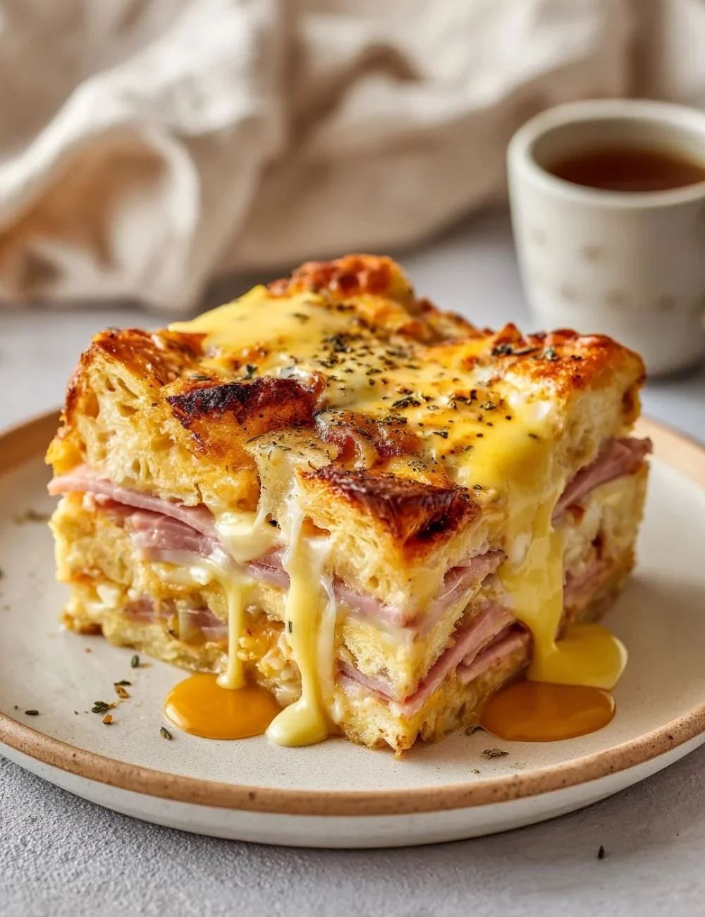 Delicious Eggs Benedict Casserole with poached eggs and hollandaise sauce