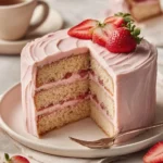 Delicious gluten free strawberry cake topped with fresh strawberries and whipped cream