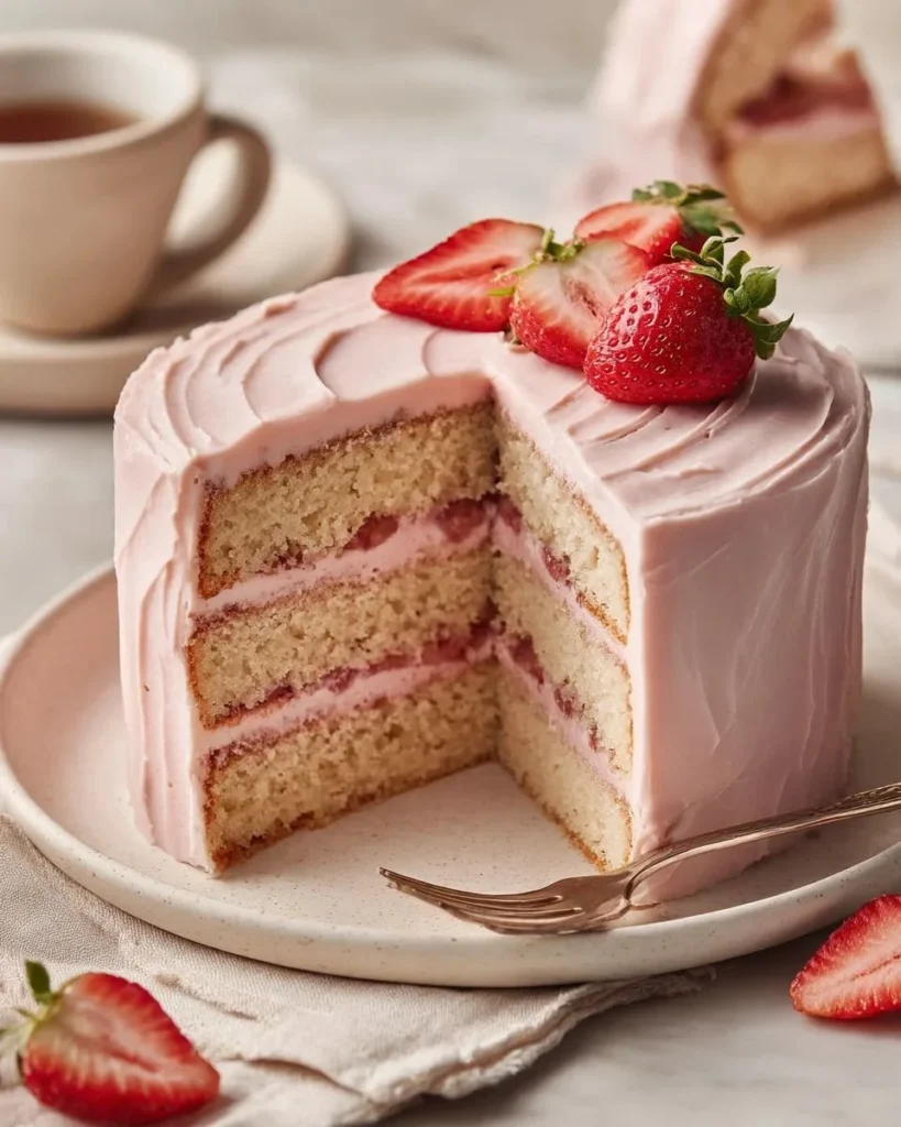 Delicious gluten free strawberry cake topped with fresh strawberries and whipped cream