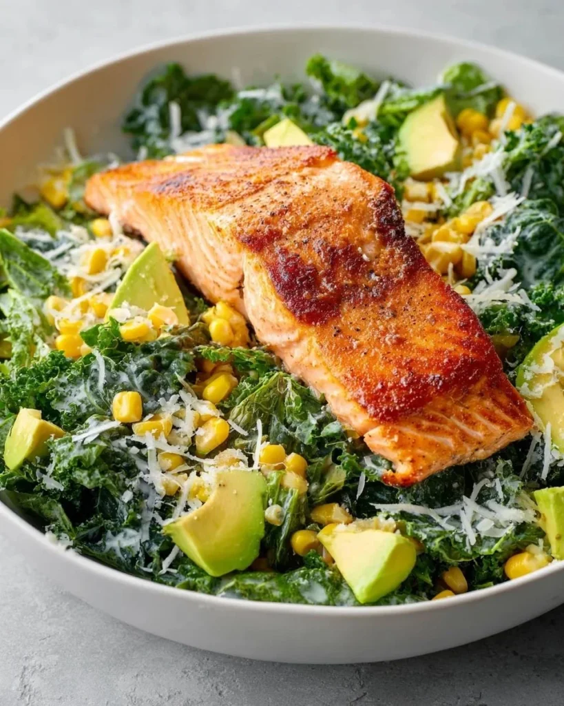 Grilled salmon salad with non-alcoholic ale and parmesan on a plate