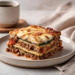 Ground beef and zucchini casserole baked to perfection, garnished with cheese.