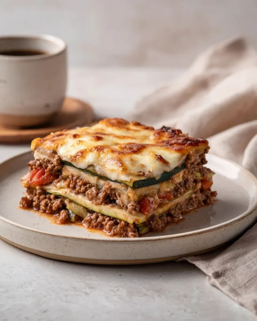 Ground beef and zucchini casserole baked to perfection, garnished with cheese.
