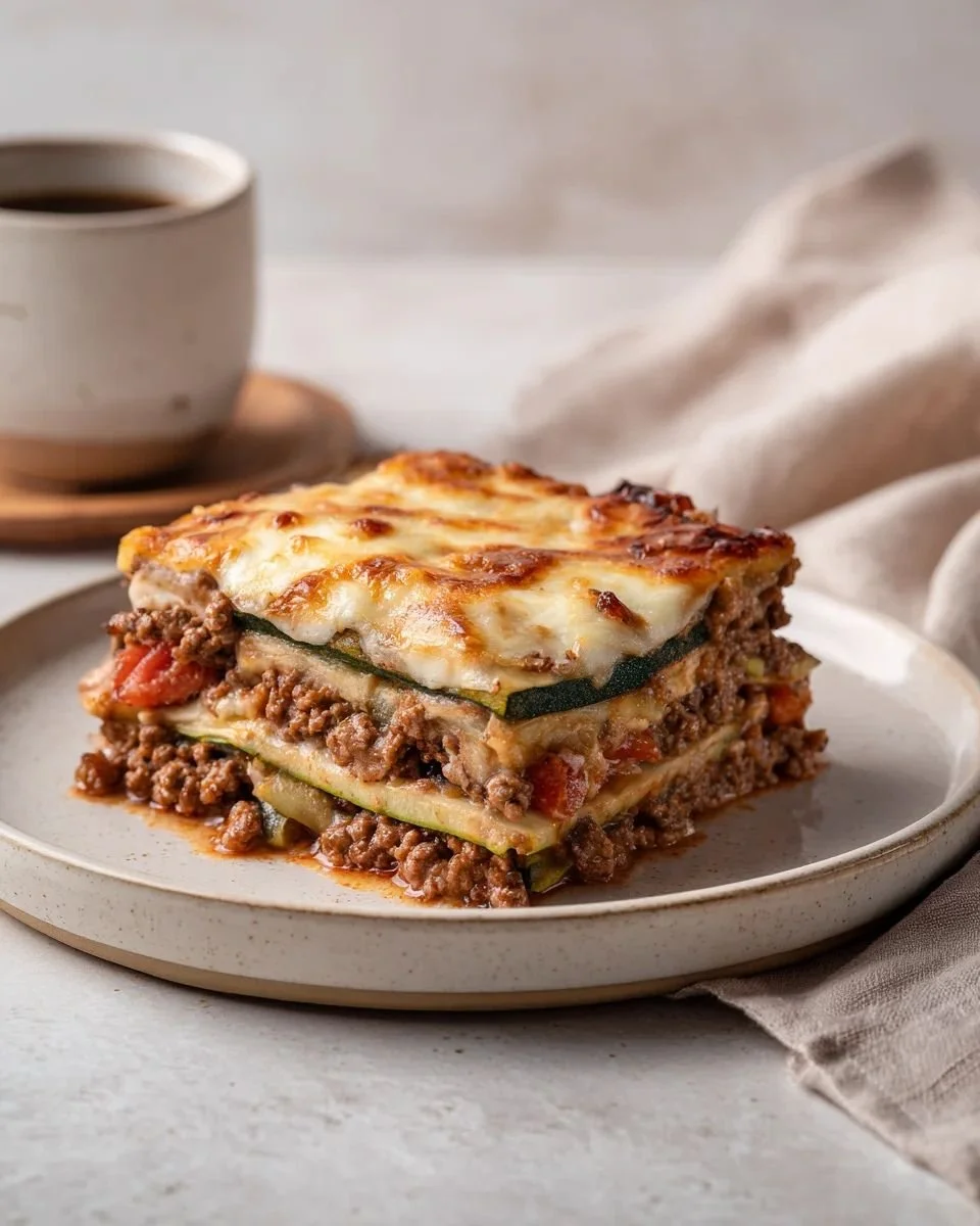Ground beef and zucchini casserole baked to perfection, garnished with cheese.