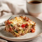 Healthy ground turkey zucchini casserole baked in a dish with fresh ingredients.