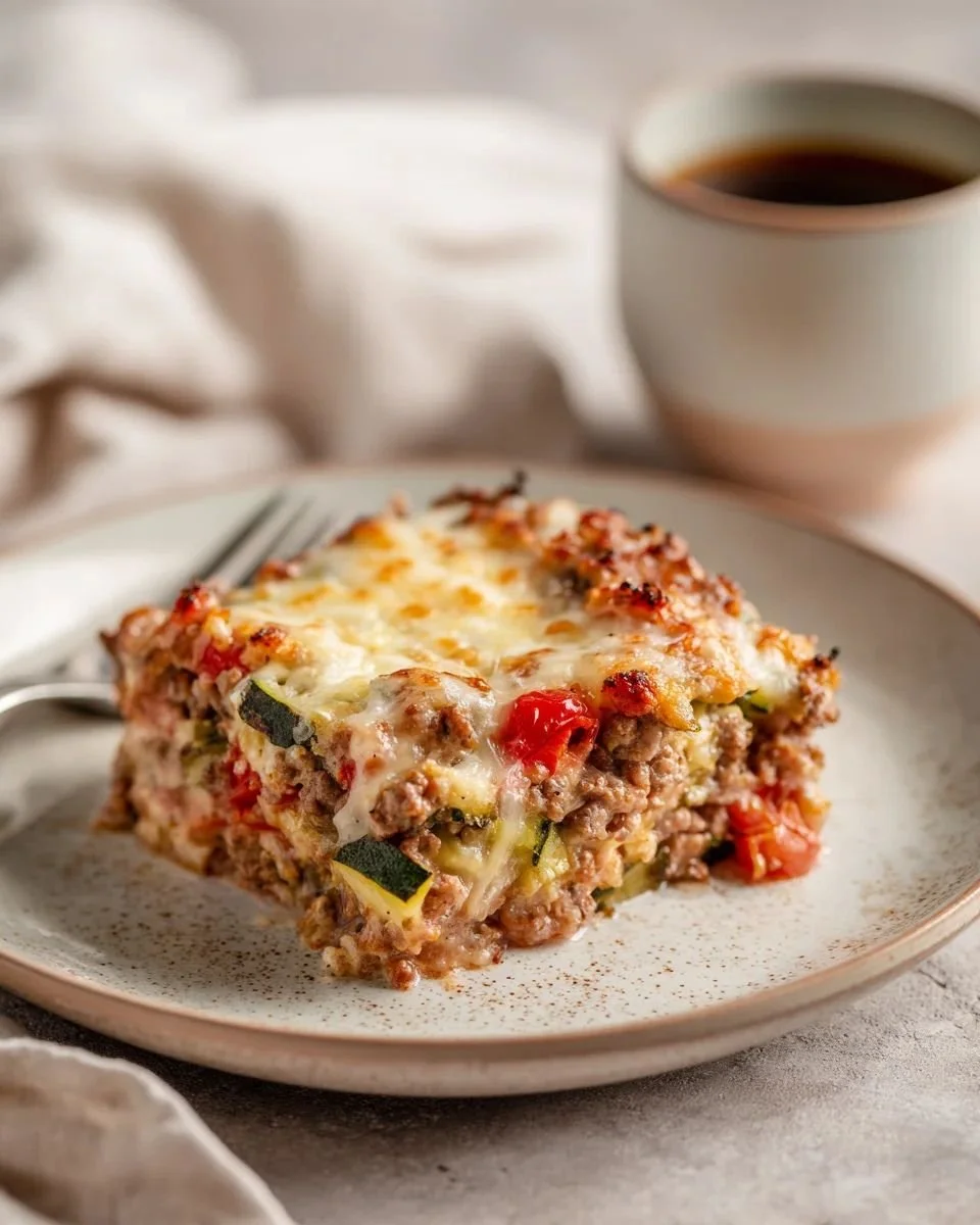 Healthy ground turkey zucchini casserole baked in a dish with fresh ingredients.
