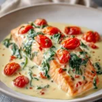 High Protein Marry Me Salmon Skillet with vegetables in a skillet