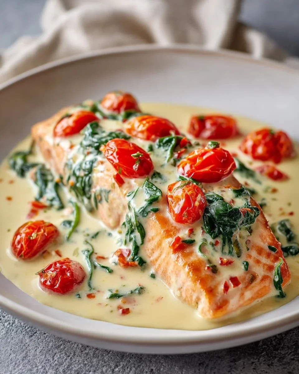 High Protein Marry Me Salmon Skillet with vegetables in a skillet