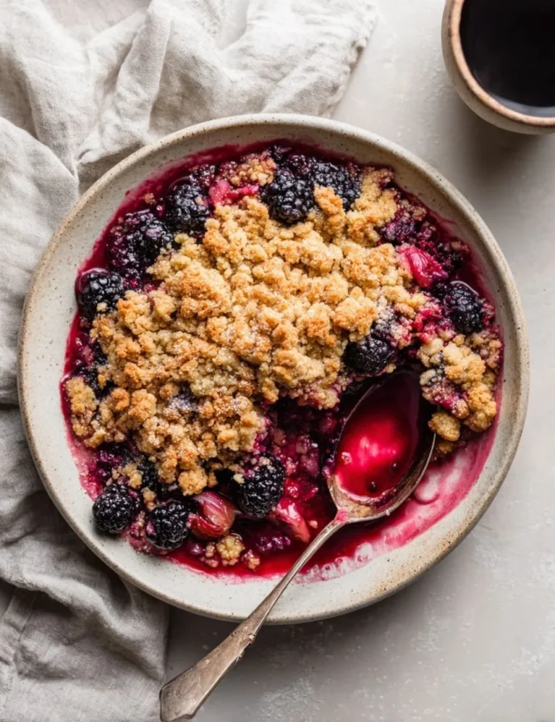 Homemade rhubarb and blackberry crumble served in a dish with a golden topping.