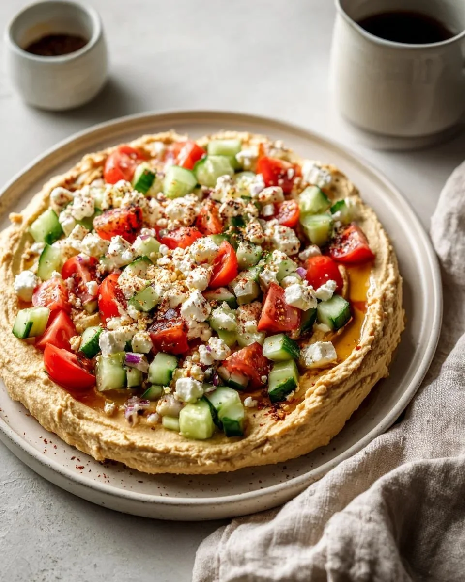 Greek salad hummus board with fresh ingredients and colorful presentation