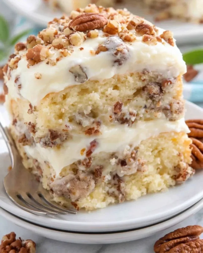 Delicious slice of homemade Italian Cream Cake topped with coconut and walnuts