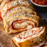 Homemade Italian Stromboli filled with meats, cheeses, and veggies