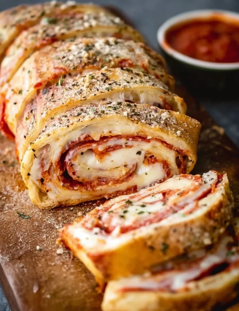 Homemade Italian Stromboli filled with meats, cheeses, and veggies