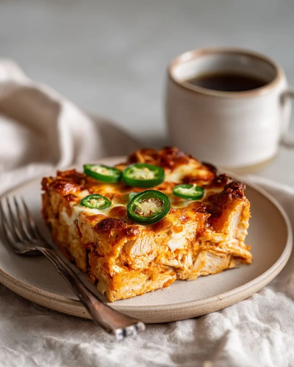 Jalapeño Buffalo Chicken Casserole served in a baking dish with toppings