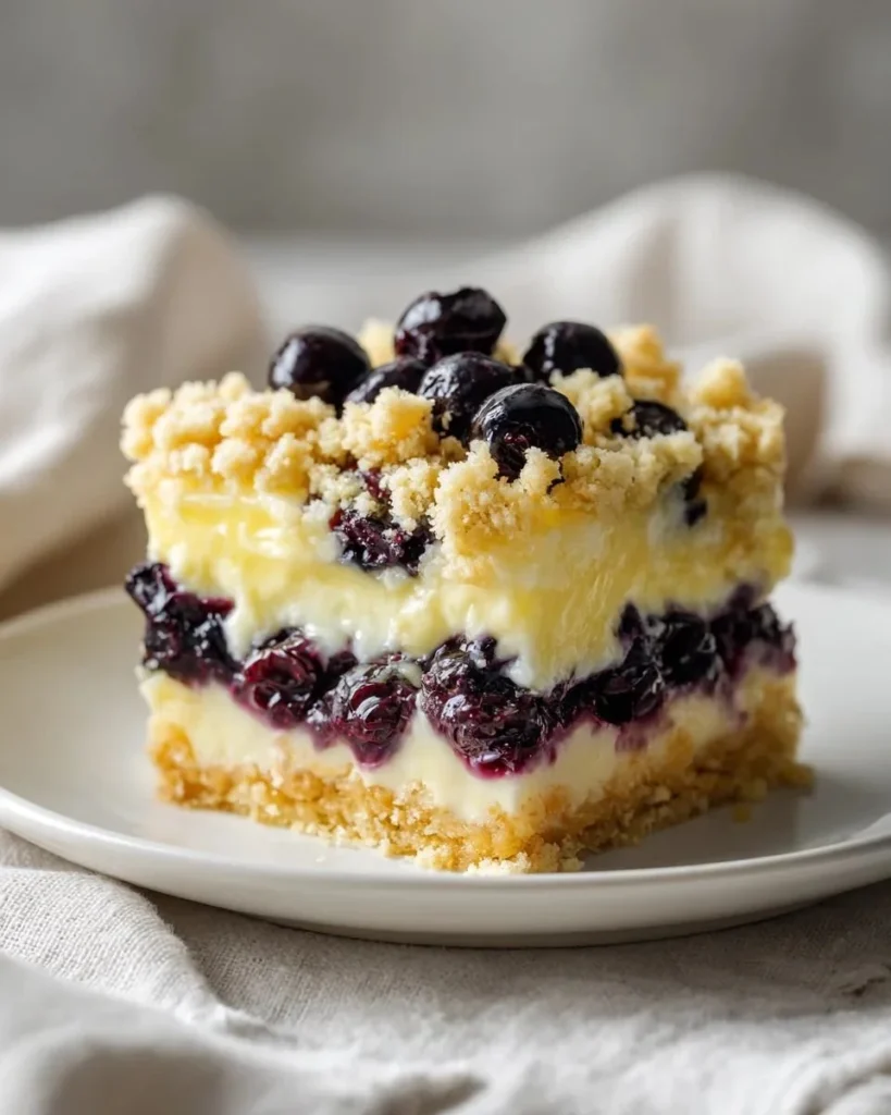 Lemon cream blueberry crumble dessert with fresh blueberries and a crispy topping