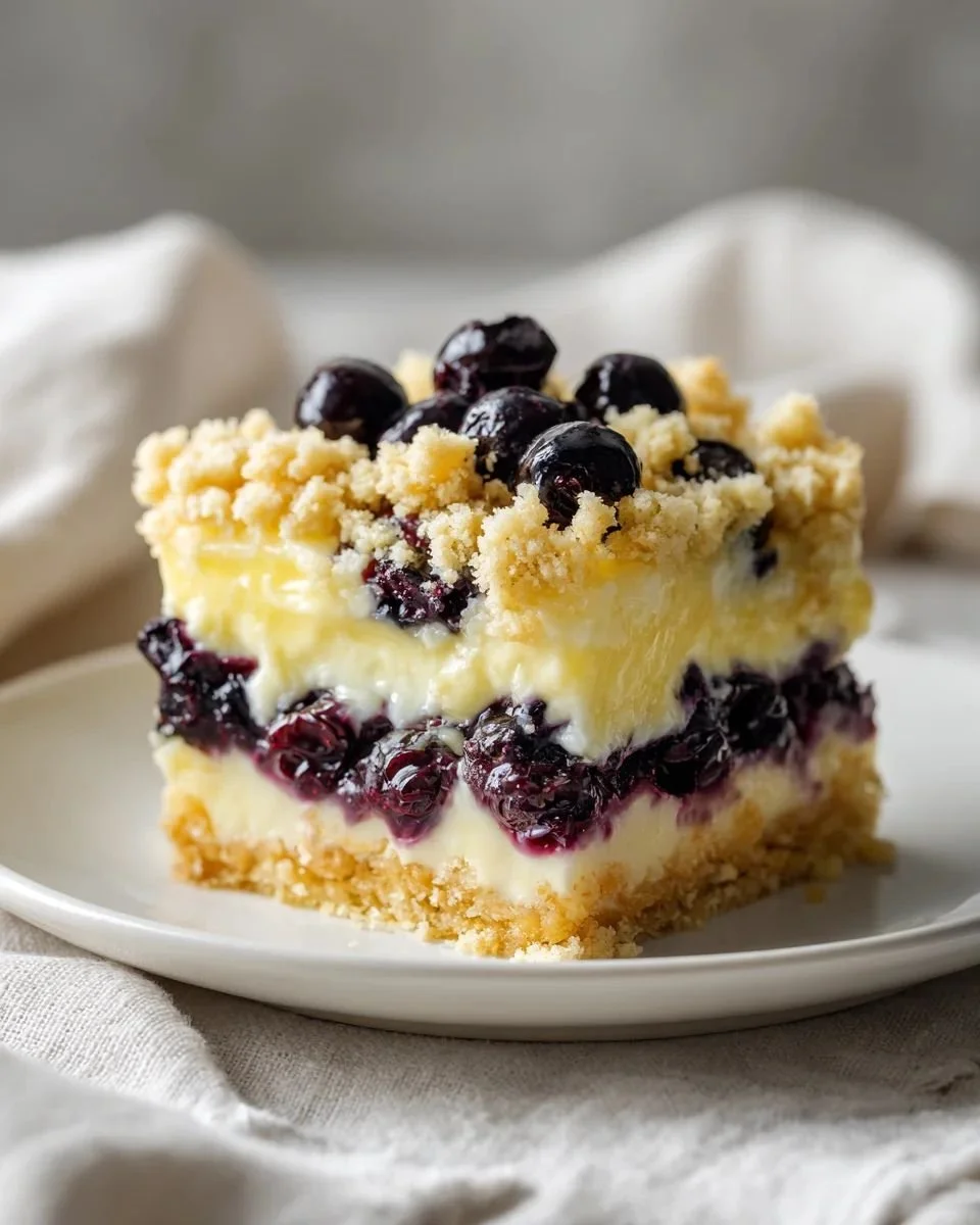 Lemon cream blueberry crumble dessert with fresh blueberries and a crispy topping