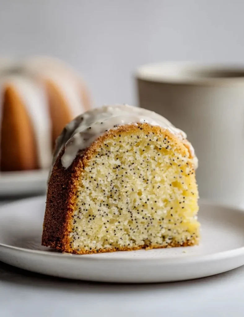 Deliciously moist Lemon Poppy Seed Bundt Cake on a serving platter