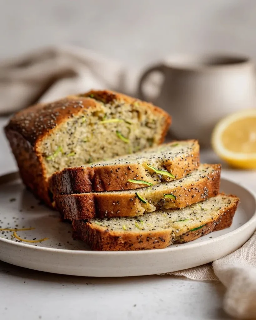 Sliced Lemon Poppy Zucchini Bread with lemon zest and poppy seeds