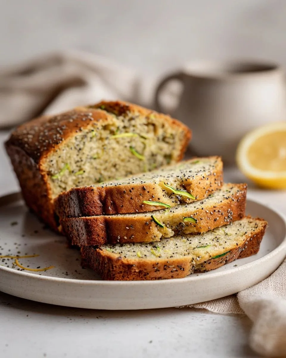 Sliced Lemon Poppy Zucchini Bread with lemon zest and poppy seeds