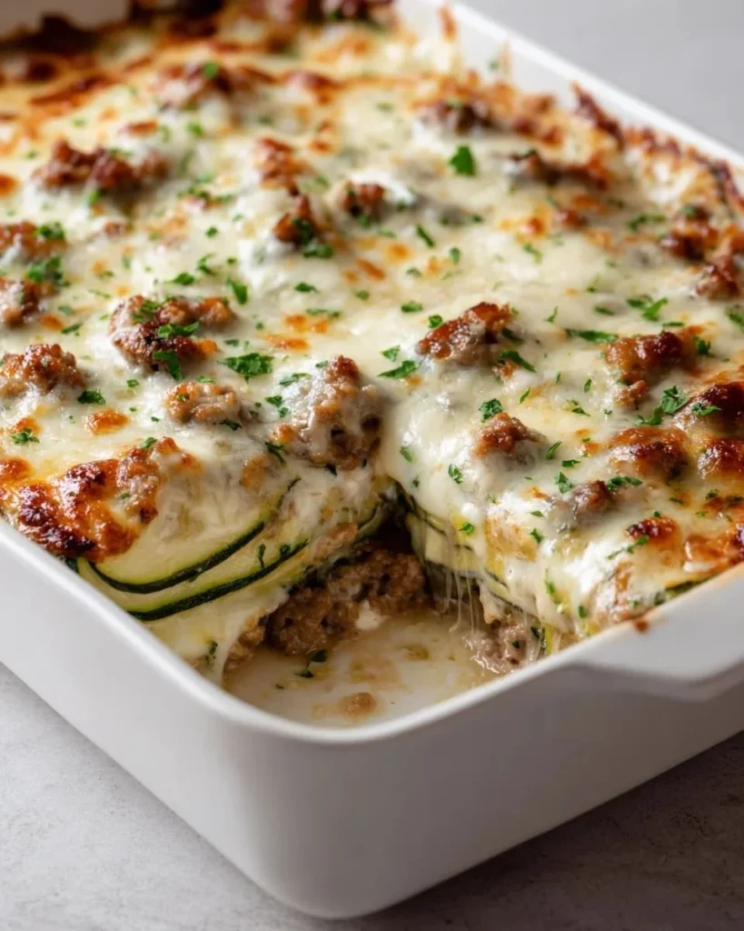 Loaded Zucchini Sausage Casserole baked dish with zucchini and sausage