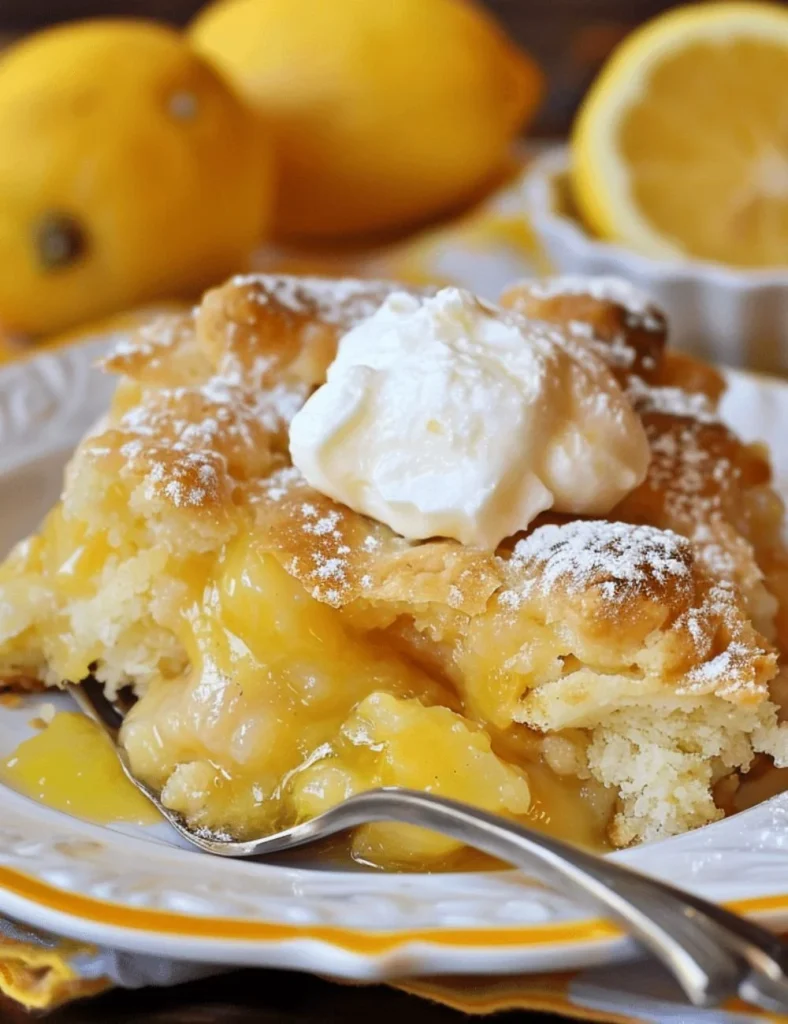 Delicious slice of Magic Lemon Cobbler dessert with a golden crust and lemon filling.