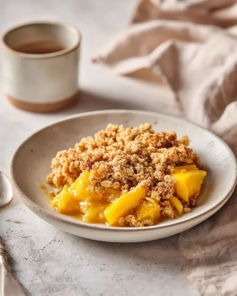 Delicious mango crumble dessert topped with a golden crumble topping