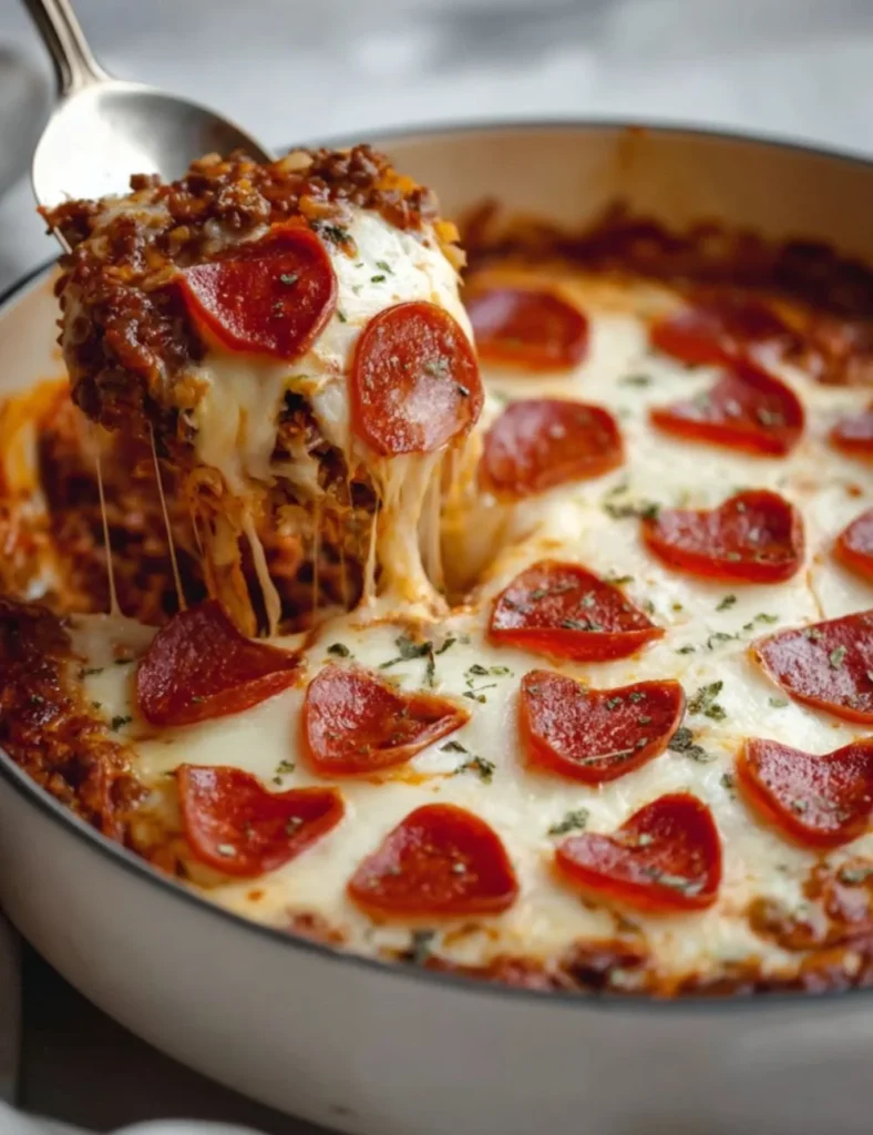 Delicious Meat Lover's Pizza Casserole topped with various meats and cheese.